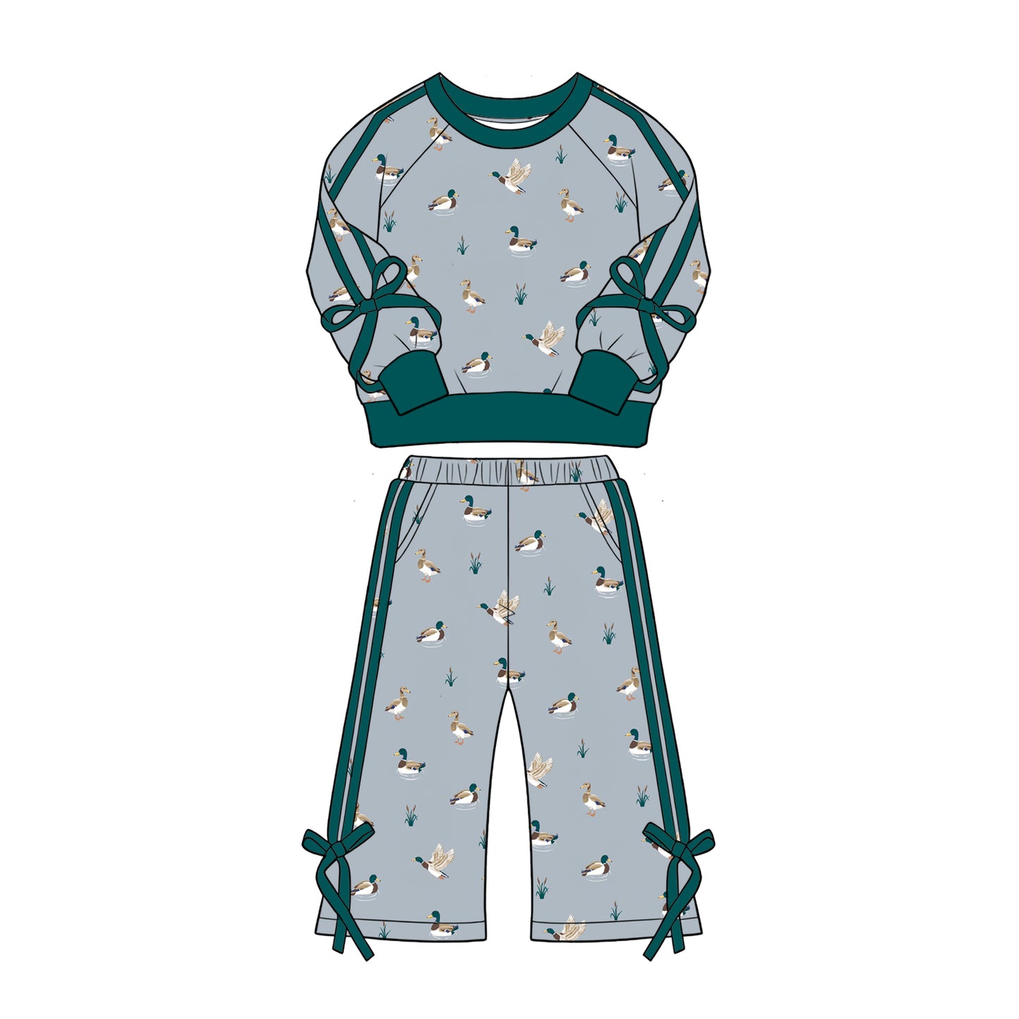 Preorder (moq 5)Baby Girls Green Ducks Top Flare Pockets Pant Hunting Clothes Sets