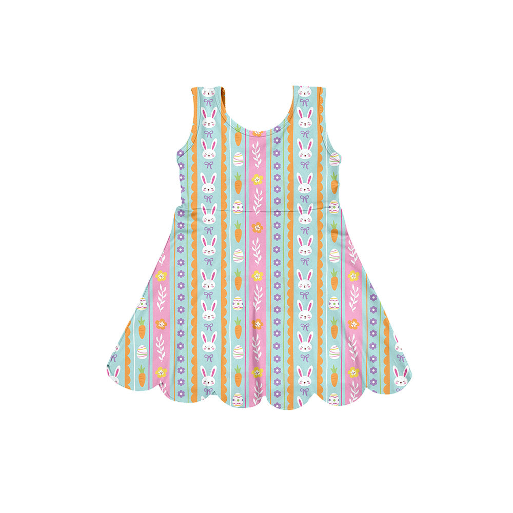 Preorder (moq 5)Baby Girls Sleeveless Bow Flower Rabbits Stripe Easter Knee Length Dress