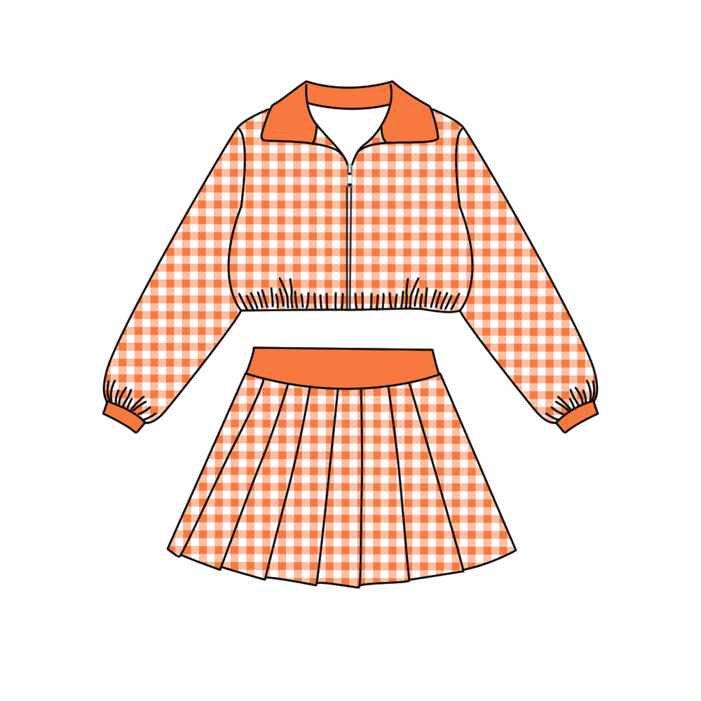 Preorder (moq 5)Baby Girls Long Sleeve Orange Checked Zip Pullovers Skirt Short Clothes Set