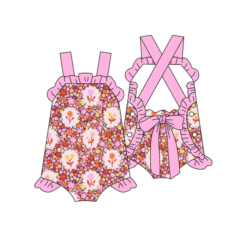 Preorder (moq 5)Baby Girls Strap Colorful Flowers Back Bow Ruffle Rompers