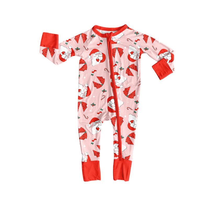 Preorder (moq 5) Baby Girls Santa Candy Cane Christmas Two Way Zip Convertible Rompers