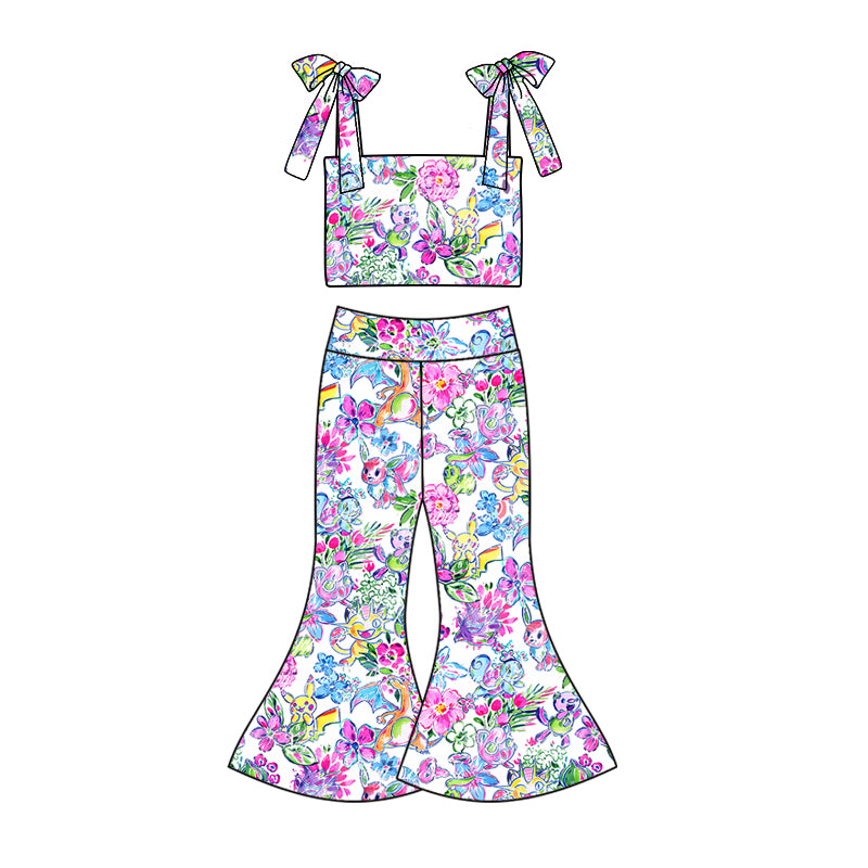 Preorder (moq 5)Baby Girls Cartoon Colorful Flowers Straps Top Bell Pants Clothes Sets