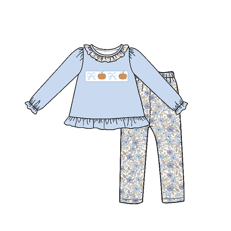 Preorder (moq 5)Baby Girls Bows Pumpkins Tunic Flowers Leggings Fall Clothes Sets