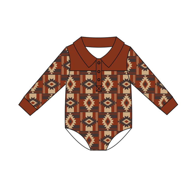 Preorder (moq 5)Baby Boys Long Sleeve Colorful Aztec Western Button Hunting Rompers