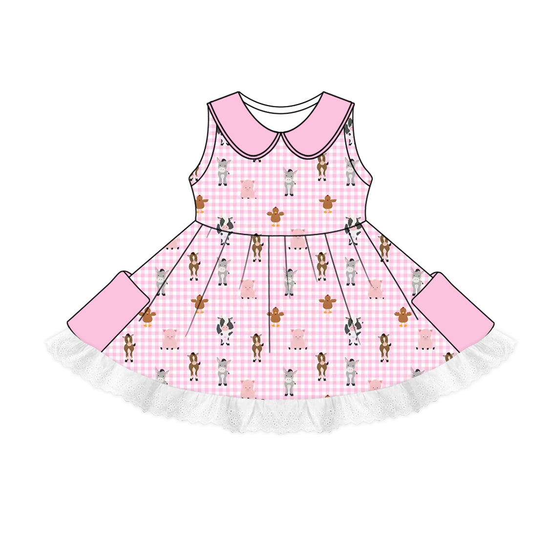 Preorder (moq 5)Baby Girls Farm Pink Checkered Cows Pockets Twirl Dresses