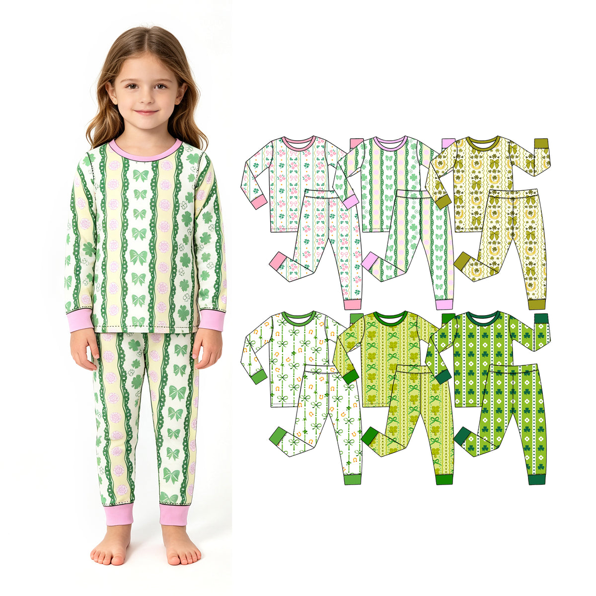 Preorder (moq 5) Baby Girl Clothes St Patrick's Day Clover Bow Floral Lace Striped Print Long Sleeve Pajama Set