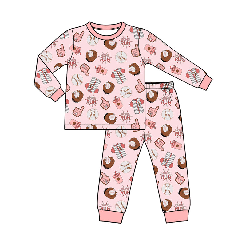 Preorder (moq 5) Baby Girl Clothes Home Run Baseball Cartoon Mixed Print Long Sleeve Pajama Set