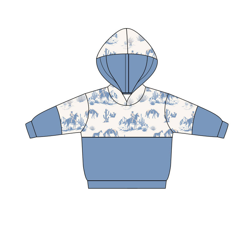 Preorder(moq 5) Baby Boys Blue Long Sleeve Cactus Horse Rodeos Western Hoodies Top