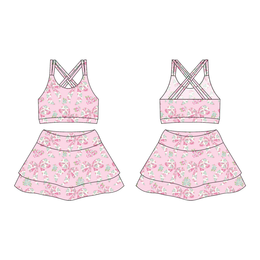 Preorder moq 10 Baby Girls Pink Strap Floral Bows Activity Wear Vests Top Short Skirts Yoga Set