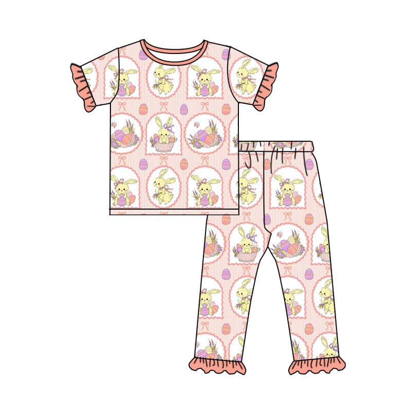 Preorder (moq 5) Baby Girl Clothes Easter Bunny Basket Frame Mixed Print Short Sleeve Ruffle Top Long Pant Set