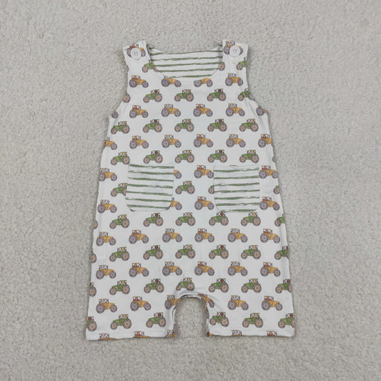 Baby Boys Sleeveless Tractors Pockets Farm Rompers