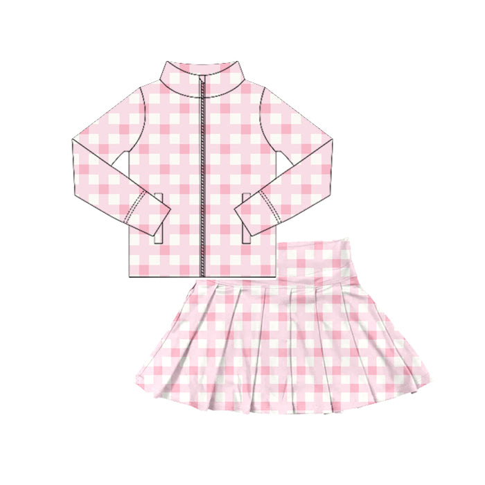 Preorder (moq 5)Baby Girls Pink Plaid Zipper Pockets Jackets Skorts Set