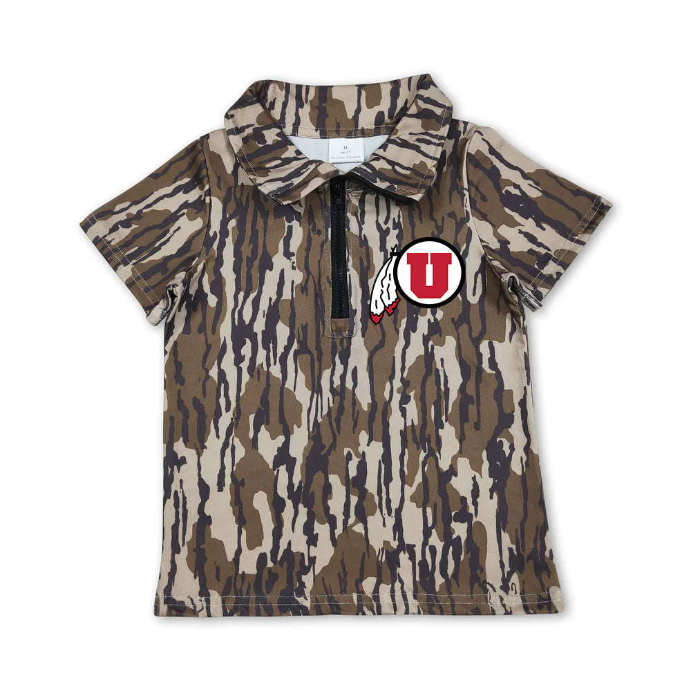 Preorder (moq 5)Baby Boys Short Sleeve Olive Wood Camo Utah Utes Team Zip Pullovers Top