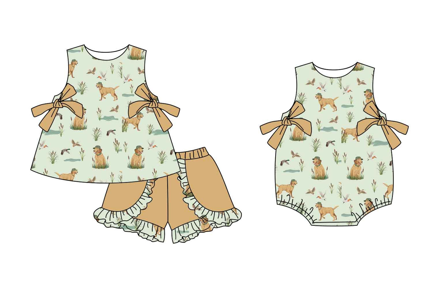 Preorder moq 5 Custom Baby Girls Sleeveless Dogs Ducks Bows Tunic Khaki Ruffle Short Set Rompers
