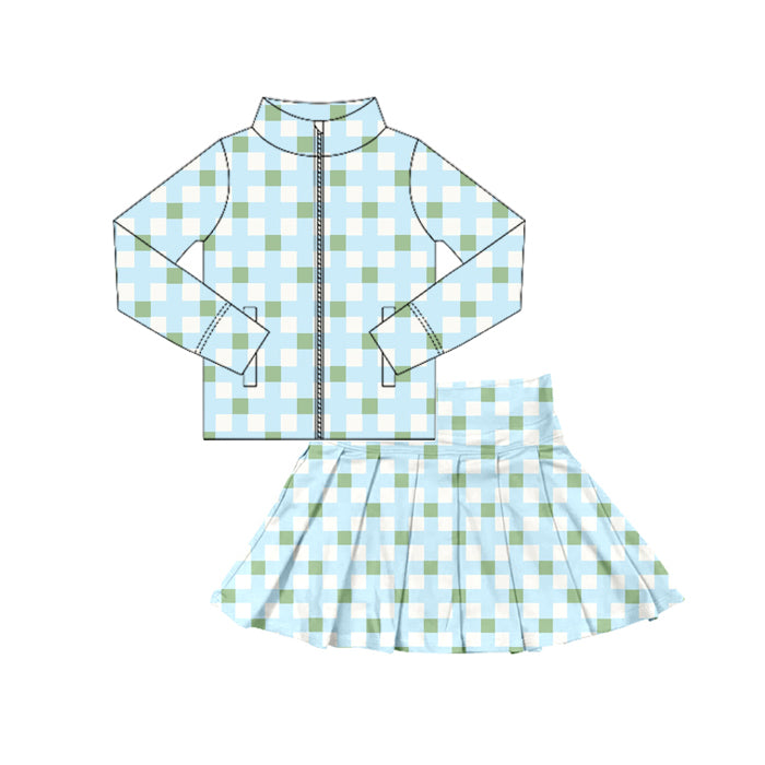 Preorder (moq 5)Baby Girls Aqua Plaid Zipper Pockets Jackets Skorts Set