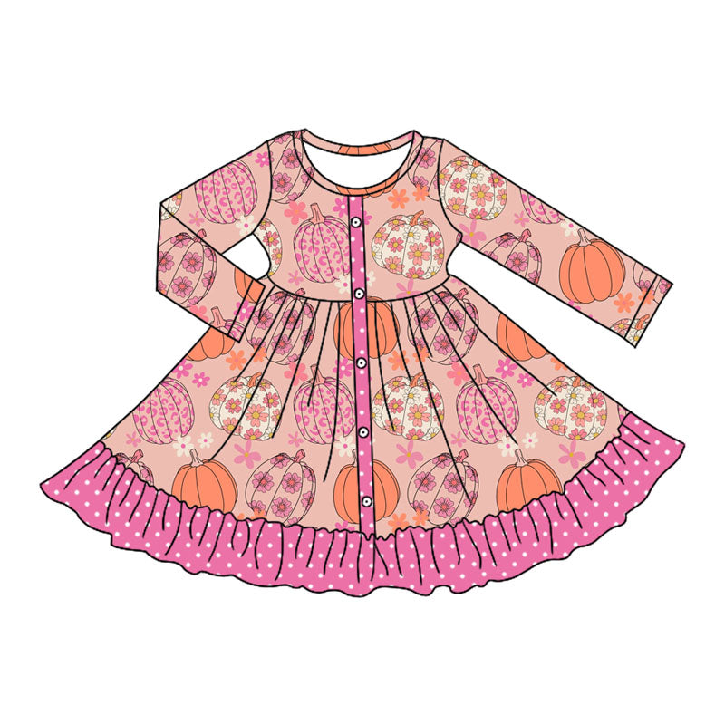 Preorder moq 5 Baby Girls Pink Long Sleeves Flowers Pumpkins Button Ruffle Knee Length Dresses