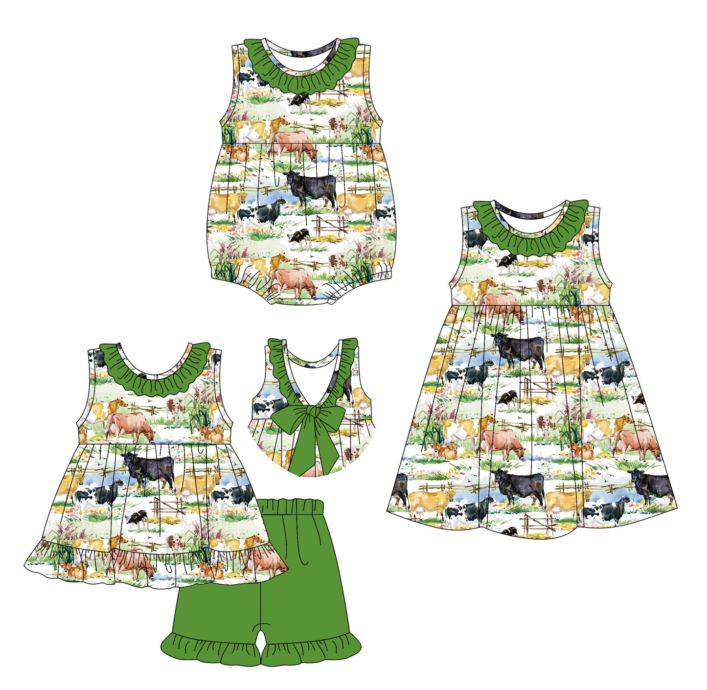 Preorder moq 5 Custom Baby Girls Green Sleeveless Cows Horses Tunic Ruffle Short Farm Set Knee Length Dress Rompers