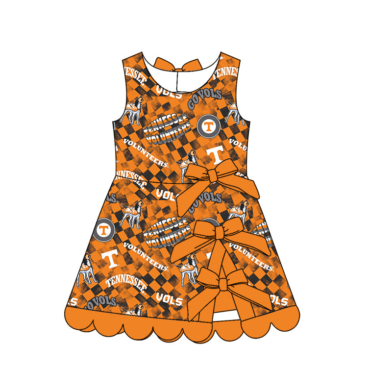 Preorder (moq 5)Baby Girls Checked Tennessee Dogs Team Short Scallop Knee Length Dress