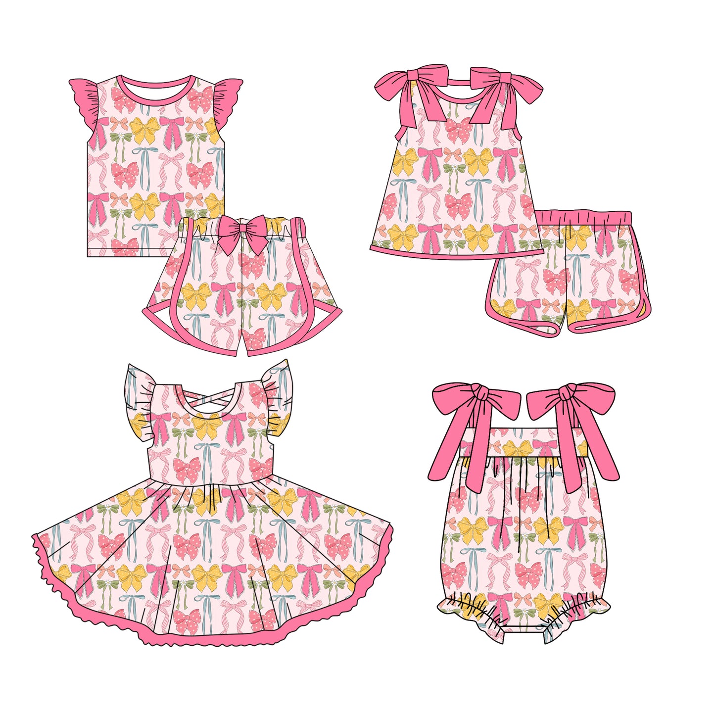 Preorder moq 5 Custom Baby Girls Colorful Bows Top Short Sets Knee Length Dress Ruffle Rompers