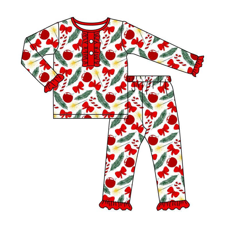 Preorder (moq 5)Baby Girls Long Ruffle Sleeves Red Bows Cherry Button Top Pant Pajamas Set