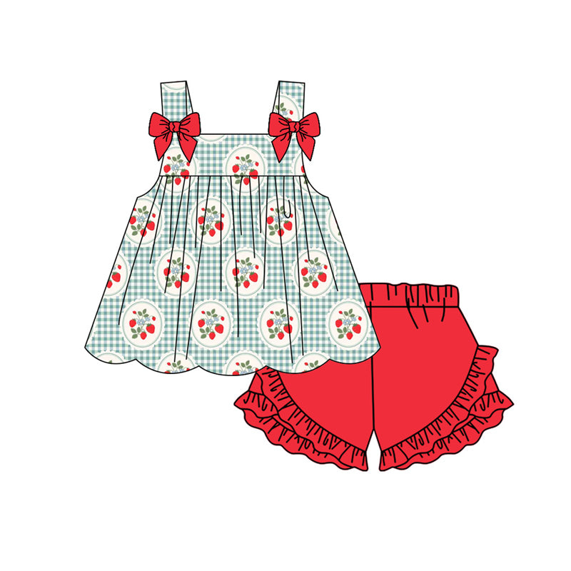 Preorder moq 5 Baby Girls Strap Strawberry Checked Tunic Ruffle Shorts Clothes Set