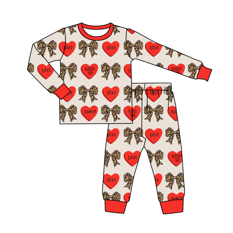 Preorder(moq 8)Baby Girls Leopard Hearts XOXO Top Pants Valentine Pajamas Sets