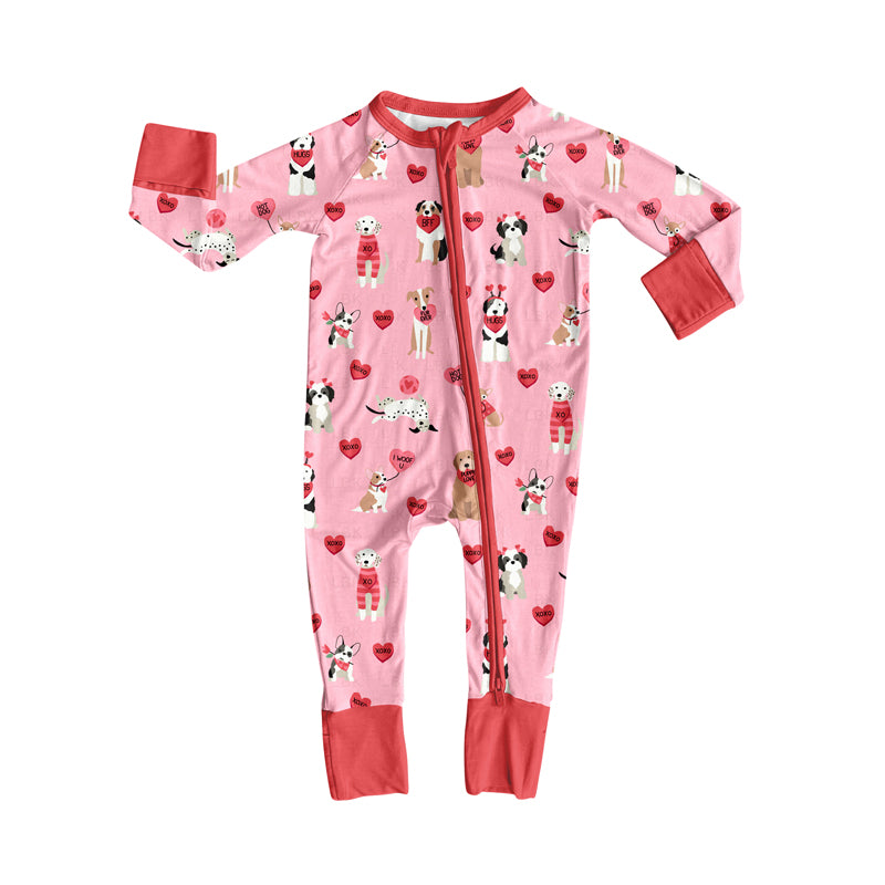 Preorder (moq 5)Baby Girls Pink XOXO Hearts Dogs Valentines Two Way Zip Convertible Rompers