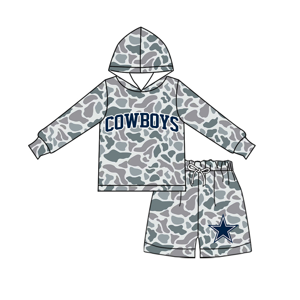 Preorder (moq 5)Baby Boys Grey Camo Cowboys Long Sleeve Hoodie Short Team Clothes Set