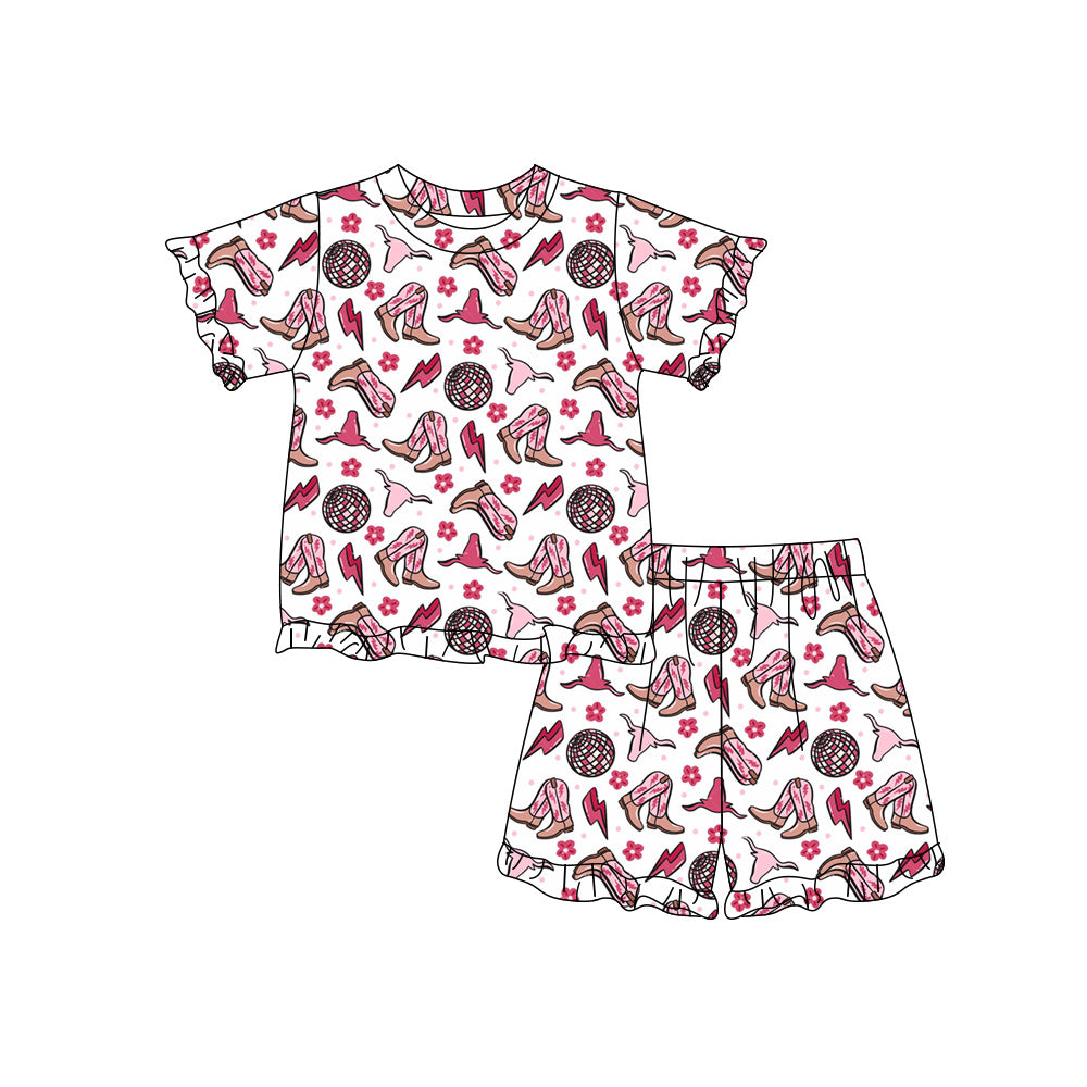 Preorder moq 5 Baby Girls Hat Boot Cows Top Ruffle Short Western Clothes Sets