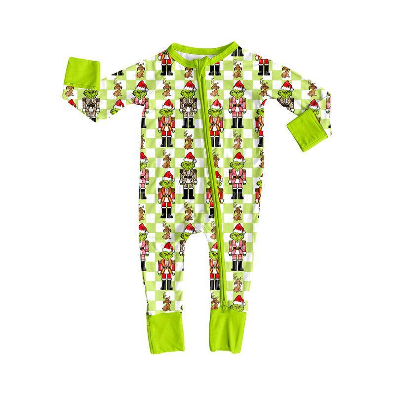 Preorder(moq 5)Baby Infant Boys Long Sleeves Green Face Soldiers Plaid Christmas Zipper Rompers