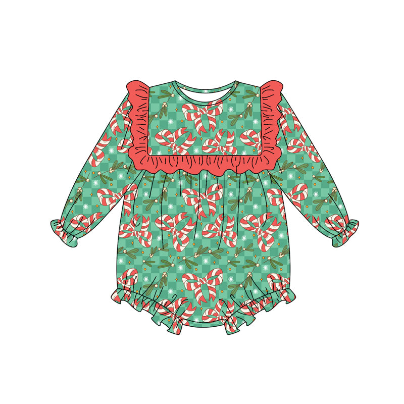 Preorder(moq 5)Baby Girls Holly Plaid Candy Cane Bows Christmas Ruffle Rompers