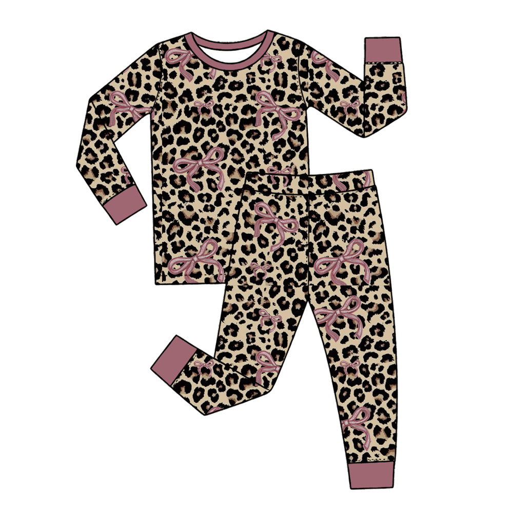 Preorder (moq 5) Baby Girl Clothes Classic Leopard Pink Bow Print Long Sleeve Top Pants Pajama Set