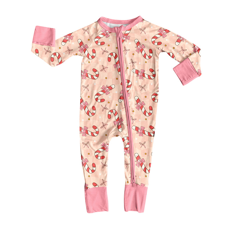 Preorder (moq 5)Baby Girls Pink Long Sleeves Bows Candy Cane Plaid Zipper Romper
