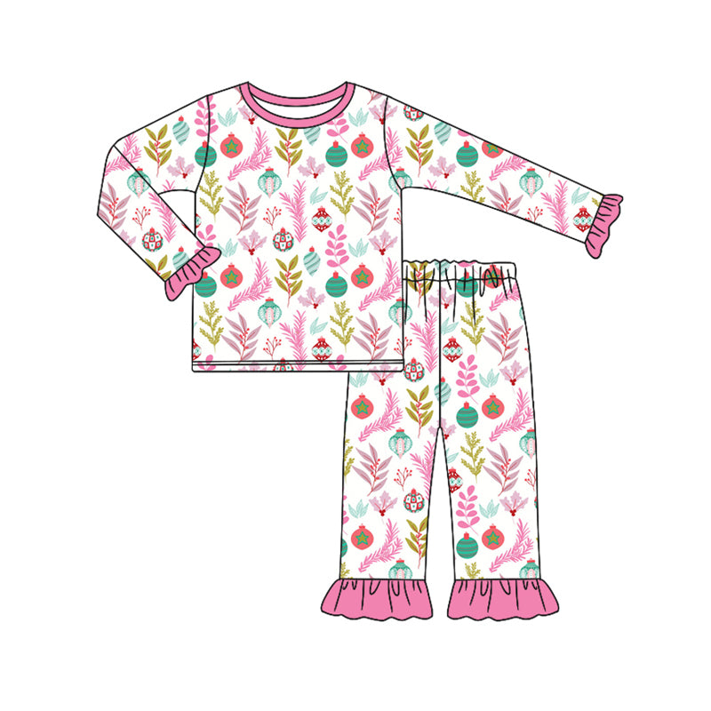 Preorder (moq 5)Baby Girls Long Ruffle Sleeves Lights Floral Top Pant Pajamas Set