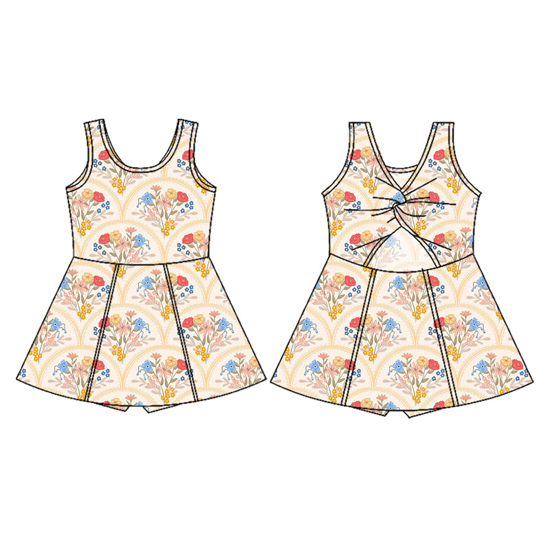 Preorder (moq 5)Baby Girls Peach Sleeveless Floral Plaid Yoga Active Skort Dress