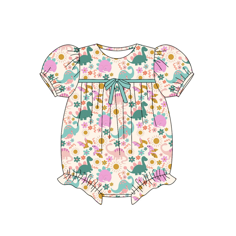 Preorder (moq 5)Baby Girls Short Ruffle Sleeves Pink Flowers Dinosaurs Rompers