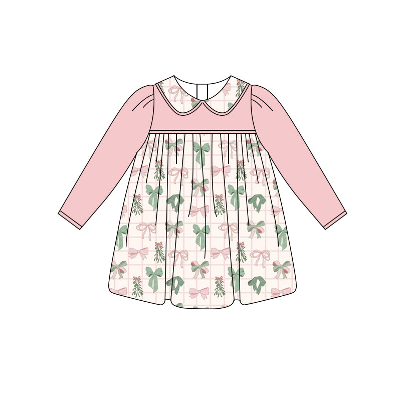 Preorder (moq 5)Baby Girls Peach Long Sleeves Colorful Bows Plaid Knee Length Dresses