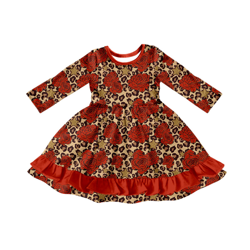 Preorder (moq 5)Baby Girls Long Sleeves Rose Plaid Leopard Ruffle Knee Length Dresses