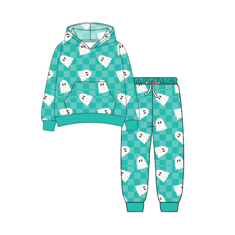 Preorder (moq 5)Baby Boys Long Sleeves Blue Plaid Ghosts Button Pockets Hoodies Top Legging Pants Set
