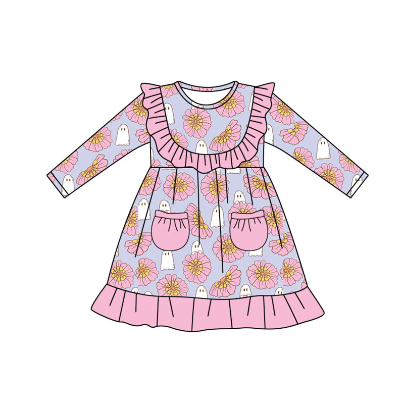 Preorder moq 5 Baby Girls Long Sleeves Pink Pockets Flowers Ghosts Knee Length Dresses