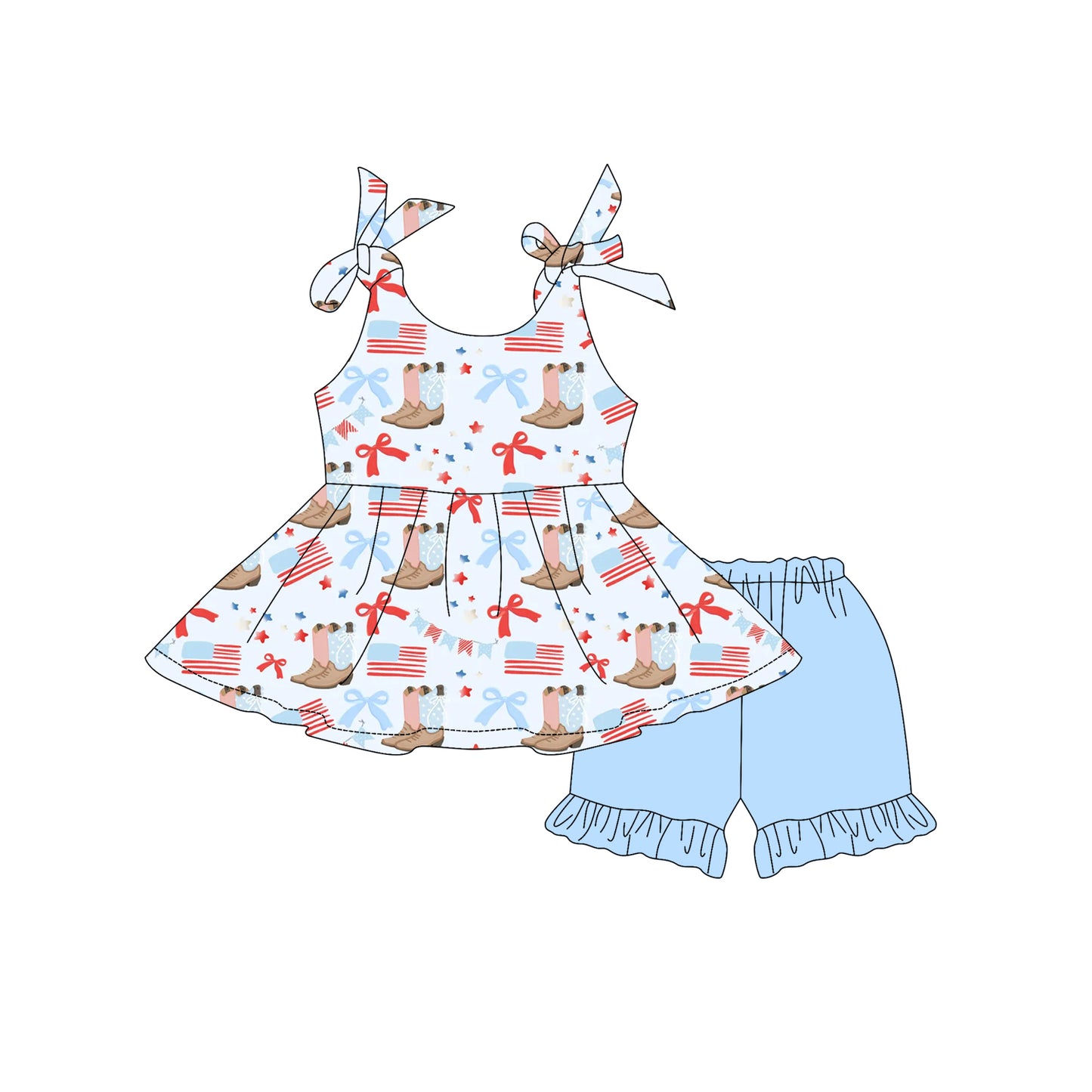Preorder moq 5 Baby Girls Blue Strap Flags Boots Bows Tunic Ruffle Short 4th Of July Set