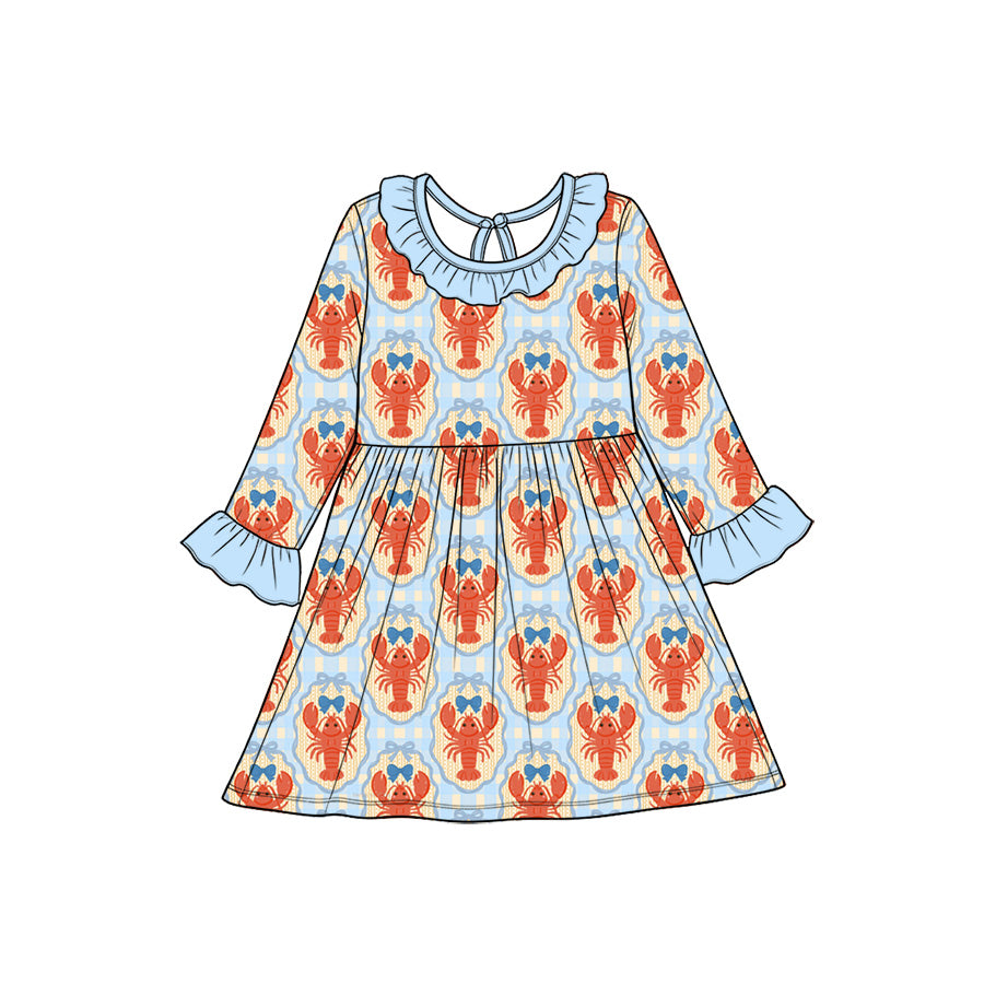 Preorder(moq5) Baby Girl Clothes Crawfish Blue Bow Gingham Print Long Sleeve Ruffle Twirl Dress