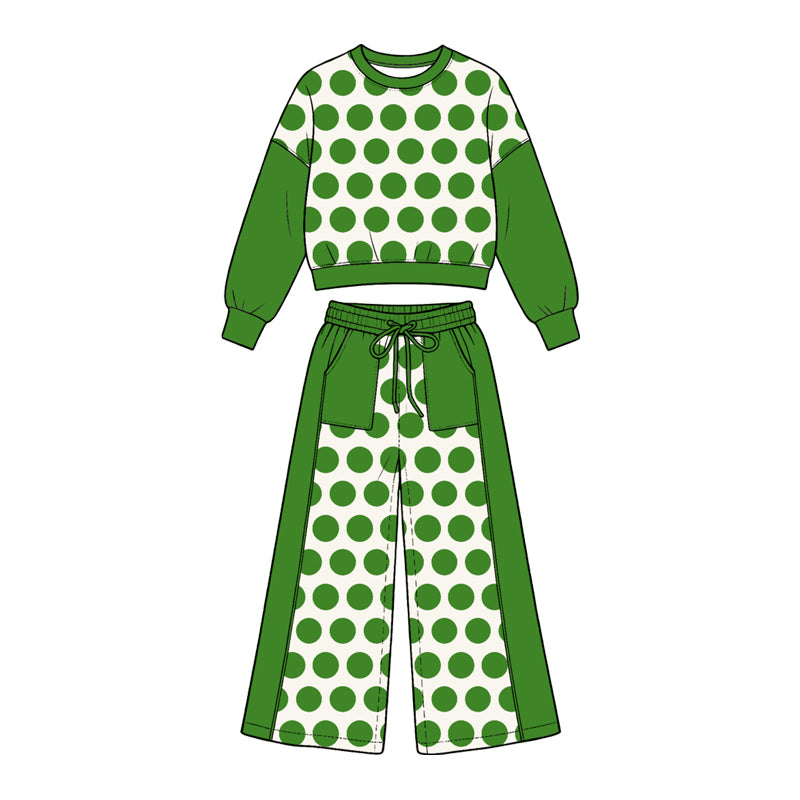 Preorder (moq5) Girl Clothes Green Big Polka Dot Color Block Crop Sweatshirt Wide Leg Pants Set