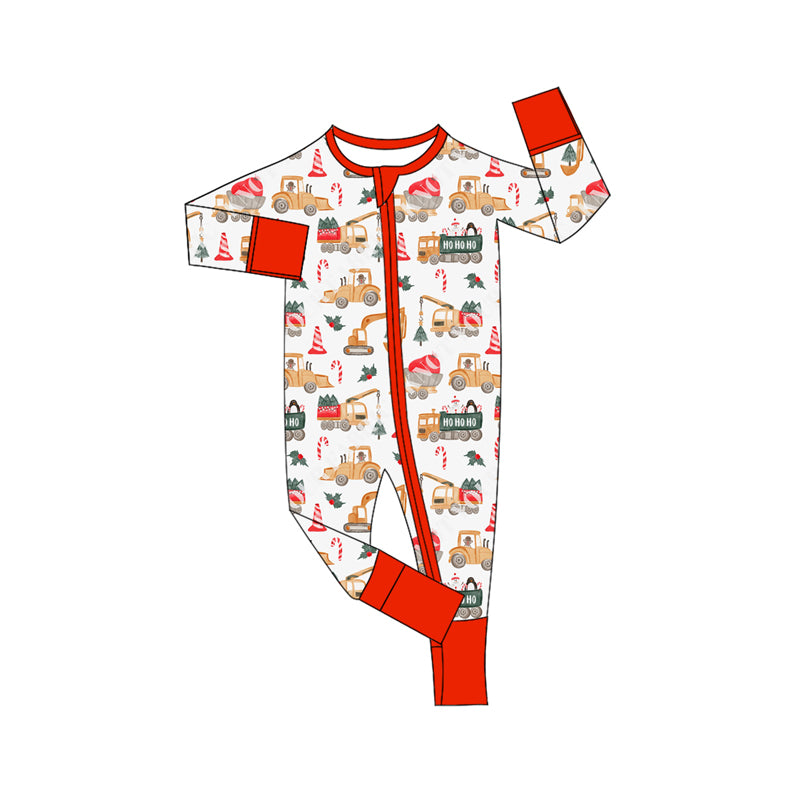 Preorder moq 5 Baby Infant Boys Long Sleeves Candy Cane Excavators Plaid Zipper Romper