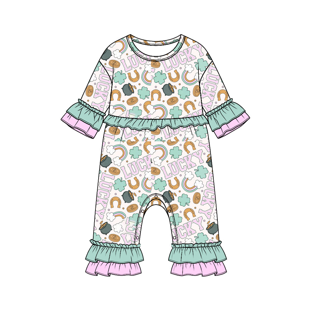Preorder moq 5 Baby Girls’ St. Patrick’s Day Ruffle Long-Sleeve Romper, Pot of Gold & Rainbow Print Holiday One-Piece Outfit