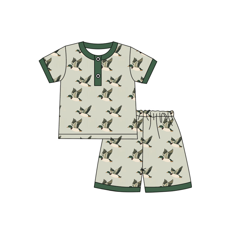 Preorder moq 5 Baby Boys Green Short Sleeves Ducks Button Top Short Pajamas Set