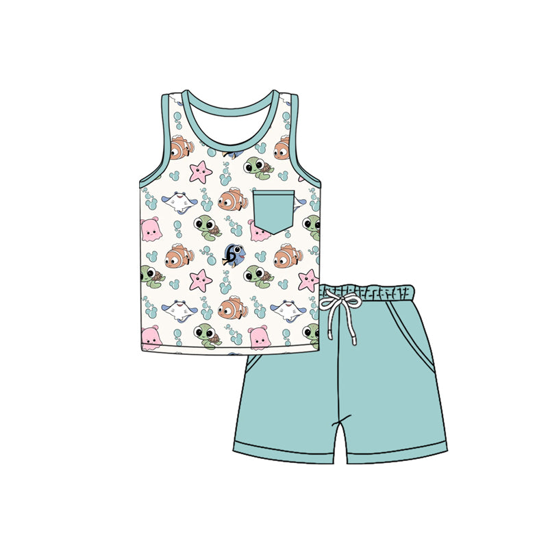 Preorder moq 5 Baby Boys Mint Sleeveless Pocket Cartoon Fishes Top Short Set