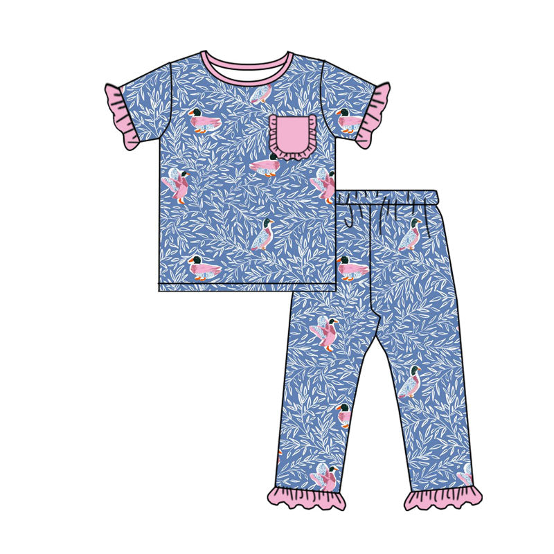 Preorder(moq 8)Baby Girls Pocket Top Floral Ducks Ruffle Pants Pajamas Sets