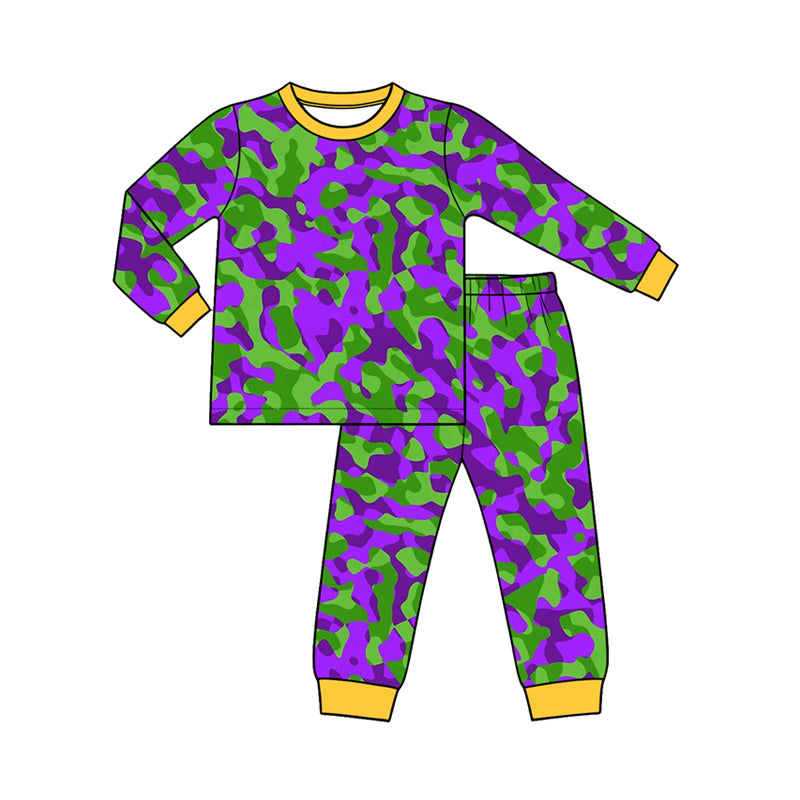 Preorder (moq 5) Baby Girl Clothes Mardi Gras Camo Allover Print Long Sleeve Pajama Set