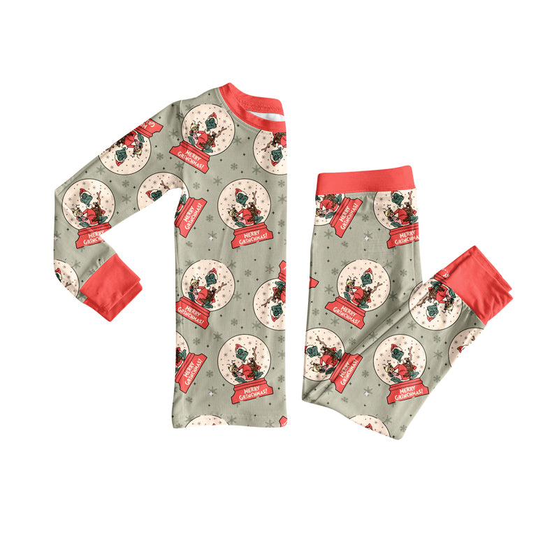 Preorder (moq 5)Baby Girls Green Face Merry Christmas Top Pant Pajamas Set